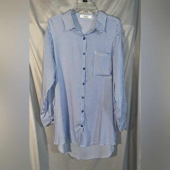 Solitaire Women's Blue and White Striped Button-Down Shirt - Picture 1 of 5